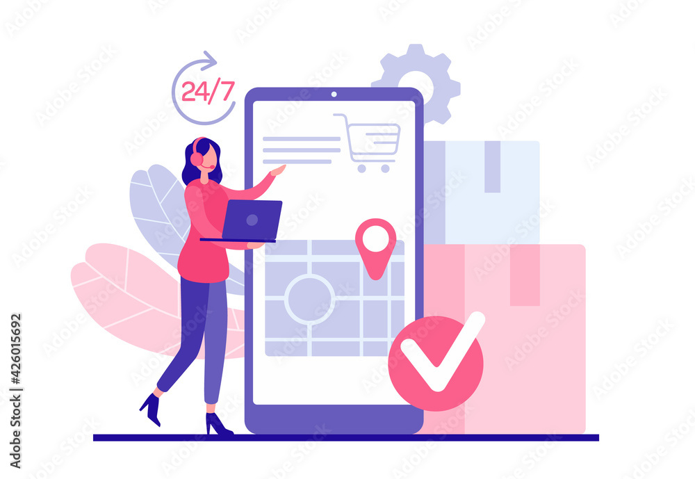 Technical support 24 7. Noctidial customer support concept. Female character operator with headphones and laptop accepts order specifies client address. Fast shopping delivery in mobile app