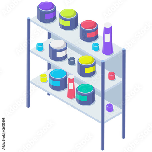 Shelving with paints in modern typography or print office. Racks with jars and color containers cans