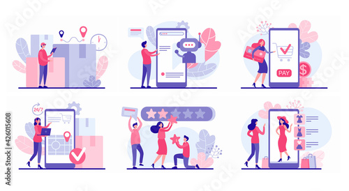 People shopping online app vector flat illustration. Male character uses web bot to select desired product. Girl tries on dress in mobile application. Satisfied buyers rate marketing rating