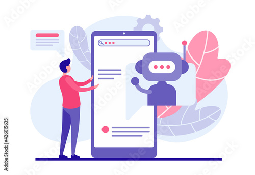 Chatbot concept. Buyer selects product using web bot application concept. Male character reads list online services in smartphone offered to by chatbot program. Successful assistant