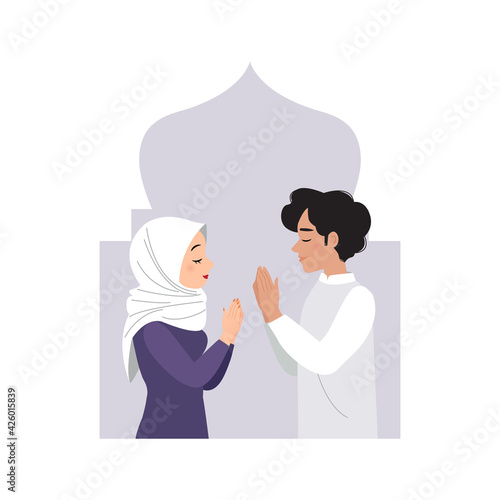 Man and woman greet each other and celebrate Eid Mubarak together. Flat vector cartoon design