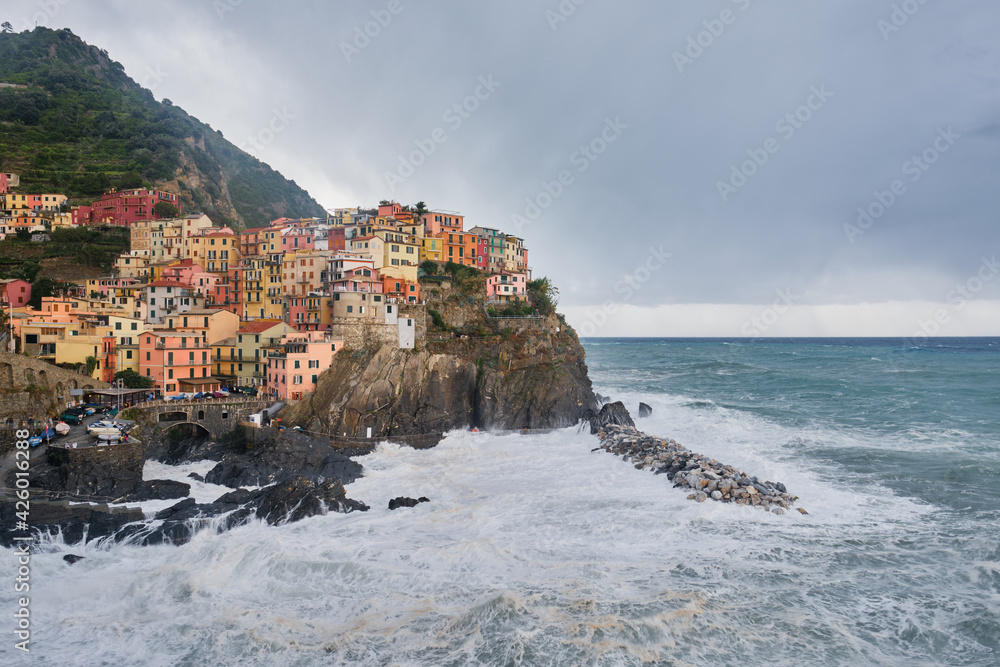 Classic view of  Manarola during a cloudy and windy day