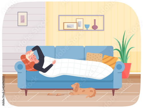 Guy is suffering from disease. Owner of dog wrapped in blanket having cold is lying on sofa
