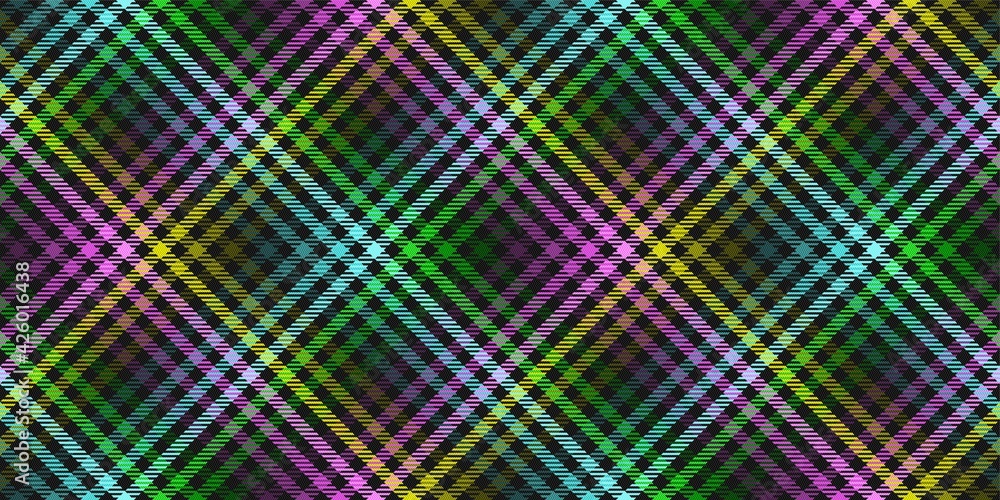 Modern brite night neon acid pink blue green yellow on black tartan fabric ornament seamless diagonal pattern, textile texture for plaid tablecloths shirts clothes dresses bedding blankets Modern brite night neon acid pink blue green yellow on black tartan fabric ornament seamless diagonal pattern, textile texture for plaid tablecloths shirts clothes dresses bedding blankets
