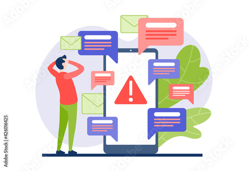 Man terrified of internet spam vector flat concept. Male character holding his head from number viral messages in smartphone. Broken antivirus firewall and no cybersecurity mobile app.