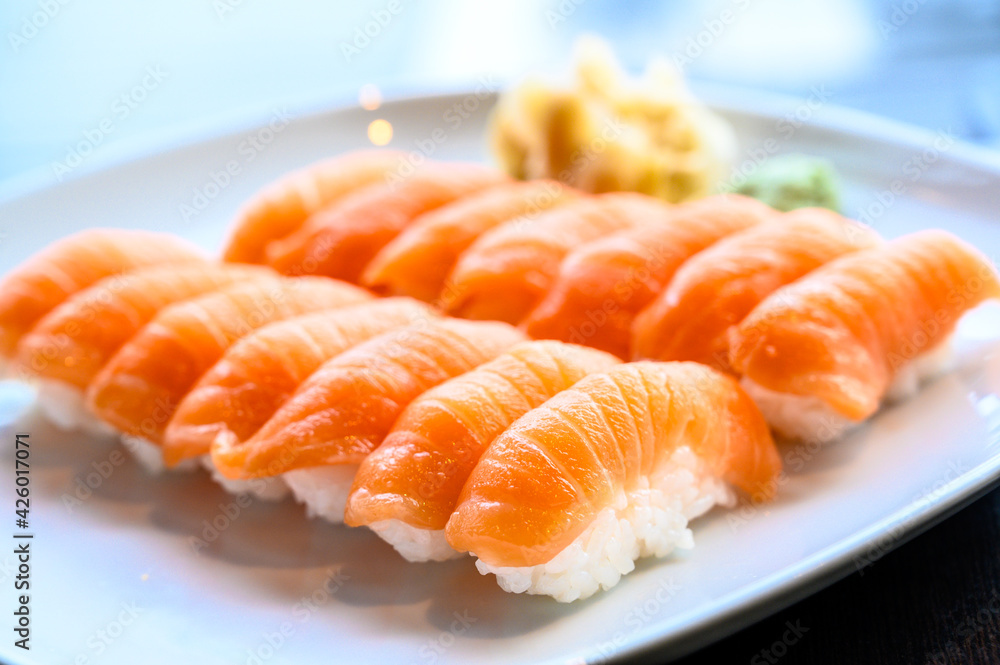 Fresh sushi nigiri with wasabi and ginger Fresh sushi nigiri with wasabi and ginger