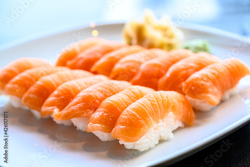 Fresh sushi nigiri with wasabi and ginger