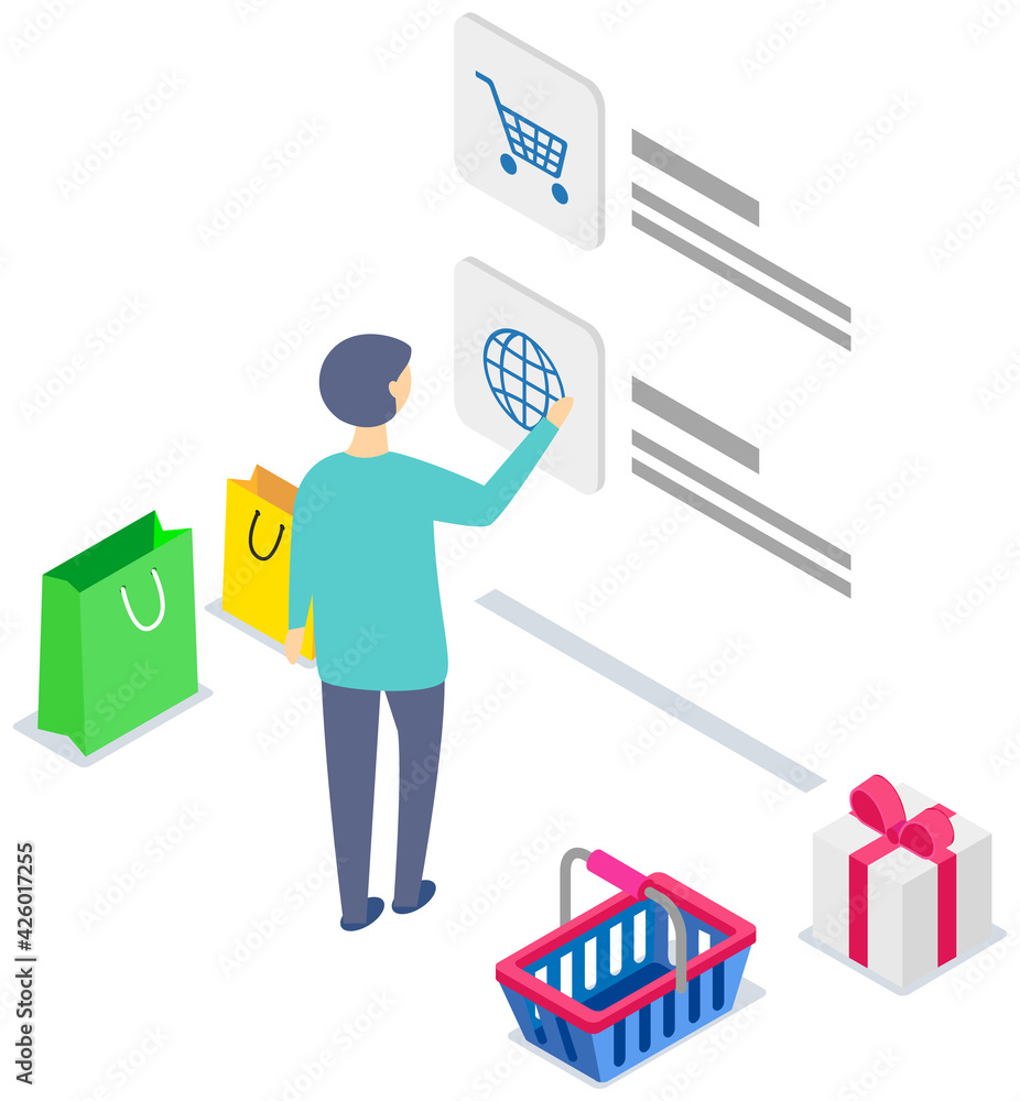 Landing page of site with goods. Man using application for buying and ordering purchases worldwide Landing page of site with goods. Man using application for buying and ordering purchases worldwide