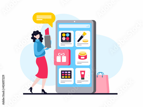 Female cartoon character beauty blogger making review for cosmetics. Woman holding lipstick standing near smartphone with cosmetic products on screen. Flat vector illustration