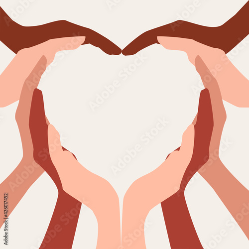 People's hands with dark and light skin in the shape of a heart. Diversity, international. Friendship, love, togetherness, team