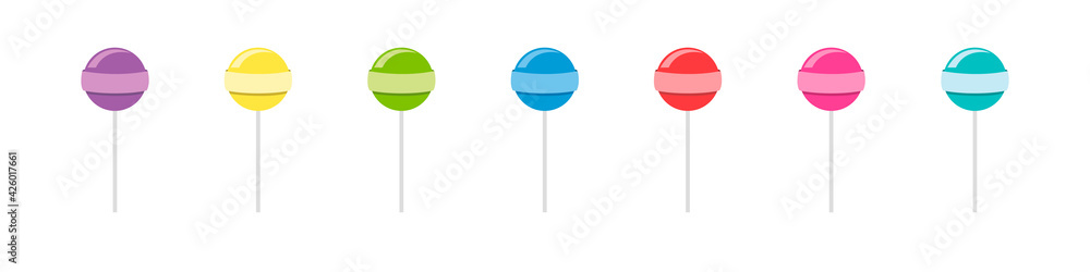 Set of colorful sweet lollipops. Round candies on a stick. Delicious and appetizing. Vector illustration. Set of colorful sweet lollipops. Round candies on a stick. Delicious and appetizing. Vector illustration.