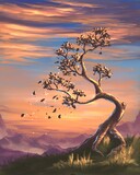 Tree in mountains at sunset