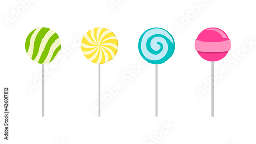 Set of colorful sweet lollipops. Round candies on a stick. Delicious and appetizing. Vector illustration. © Bon_man