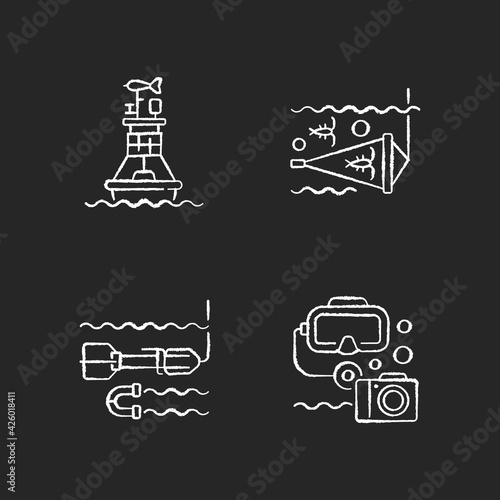 Marine exploration chalk white icons set on black background. Weather buoy system. Plankton net equipment. Marine magnetometer. Underwater photography. Isolated vector chalkboard illustrations