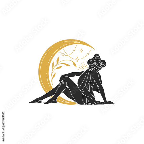 Fotografiet Beauty female sitting with moon crescent and stars silhouette