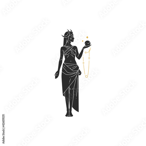 Beautiful bohemian woman goddess with crystal ball and moon crescent silhouette