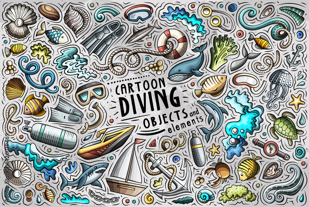 Cartoon set of Diving theme items, objects and symbols