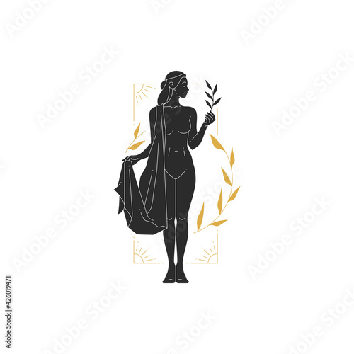 Beautiful bohemian woman goddess with branch and leaves silhouette