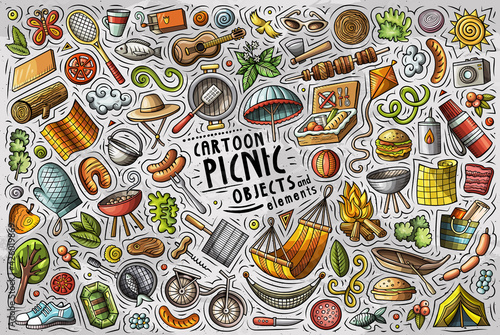 Cartoon set of Picnic theme items, objects and symbols