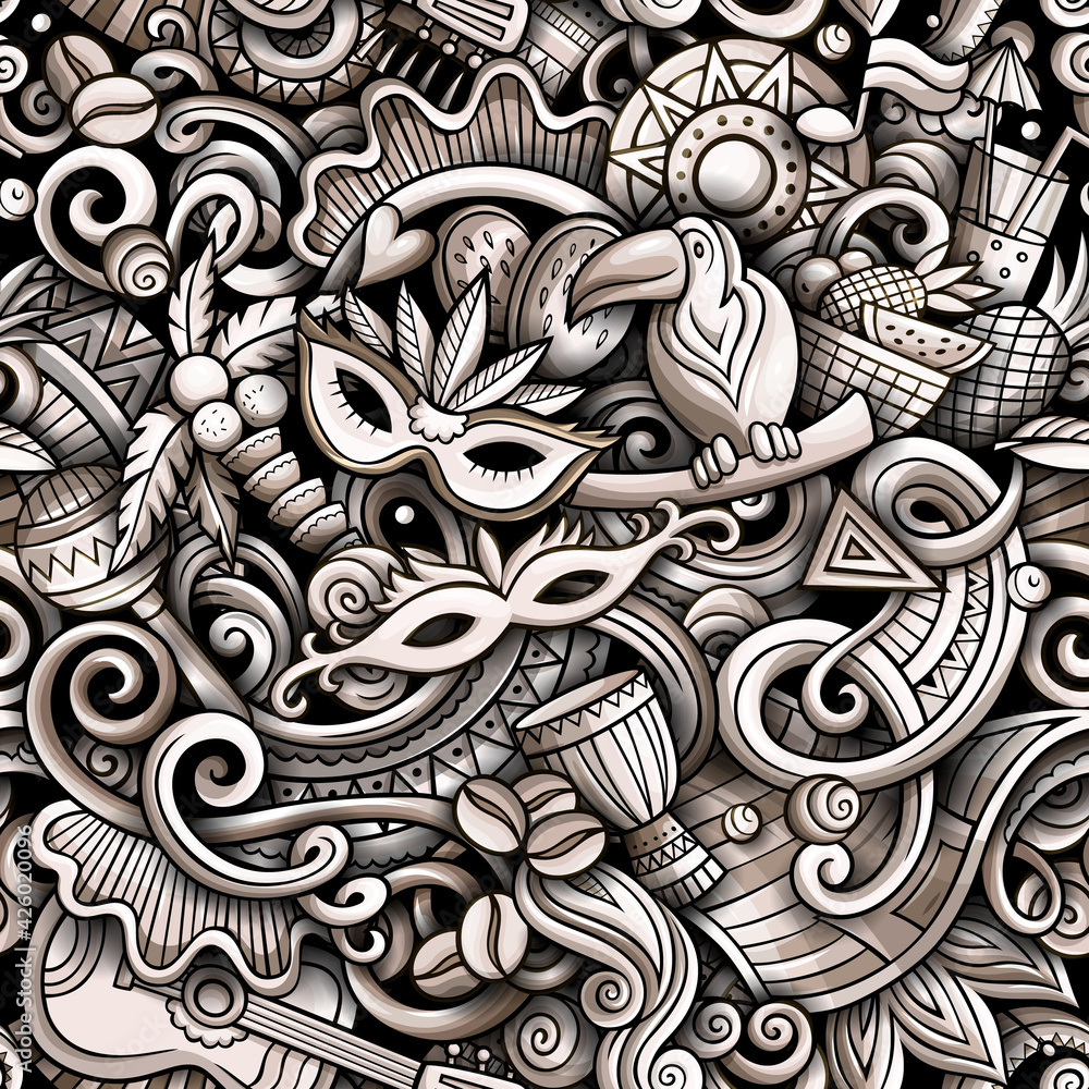 Cartoon doodles Brazil seamless pattern.