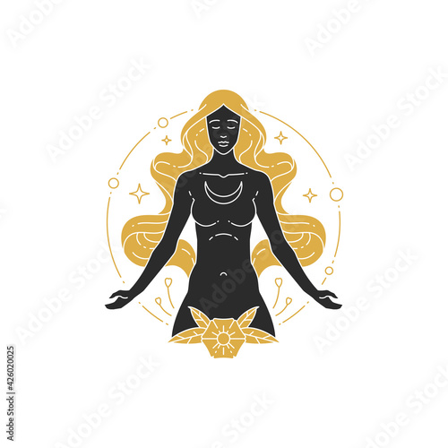 Beautiful bohemian female with moon crescent silhouette modern drawing