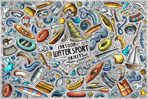 Vector doodle cartoon set of Water sport objects and symbols