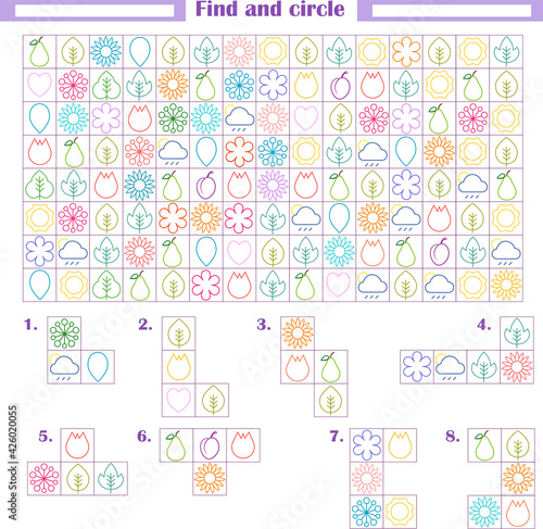  Logic game for children. Development of attention, thinking. Find and circle the fragments shown below