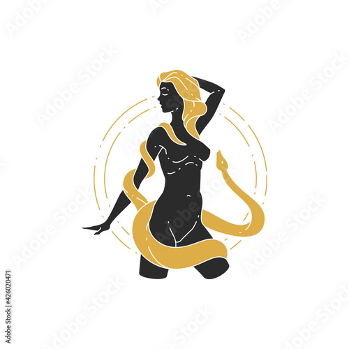Beautiful woman goddess and snake silhouette vector illustration
