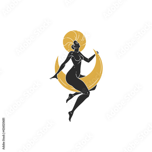 Beauty woman sitting on moon and stars silhouette vector illustration