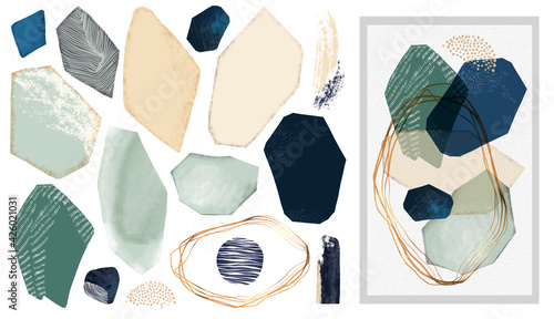 A large set of abstract elements. Watercolour strokes, brushes, paints, textured shapes.
