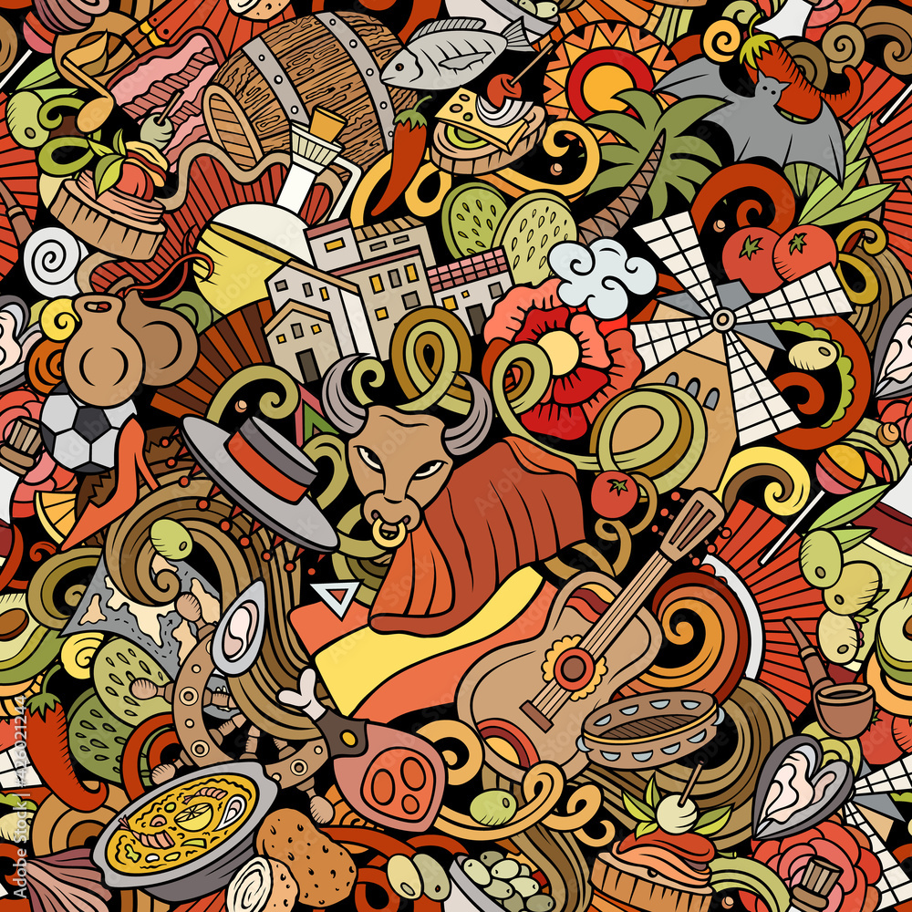Cartoon doodles Spain seamless pattern. Backdrop with Spanish culture items