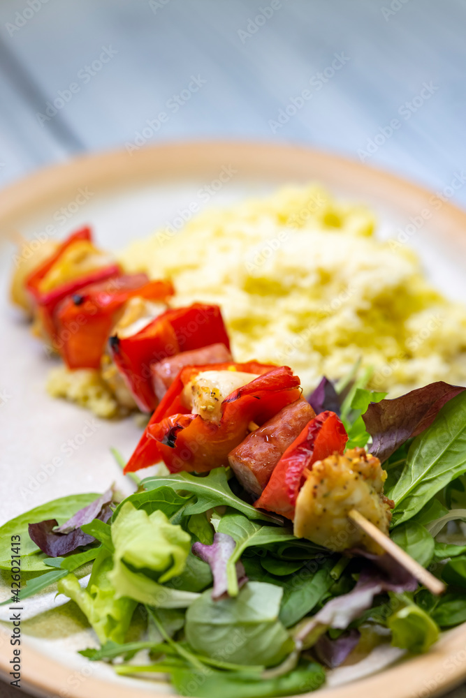 Chicken skewer with red pepper and sausage Chicken skewer with red pepper and sausage