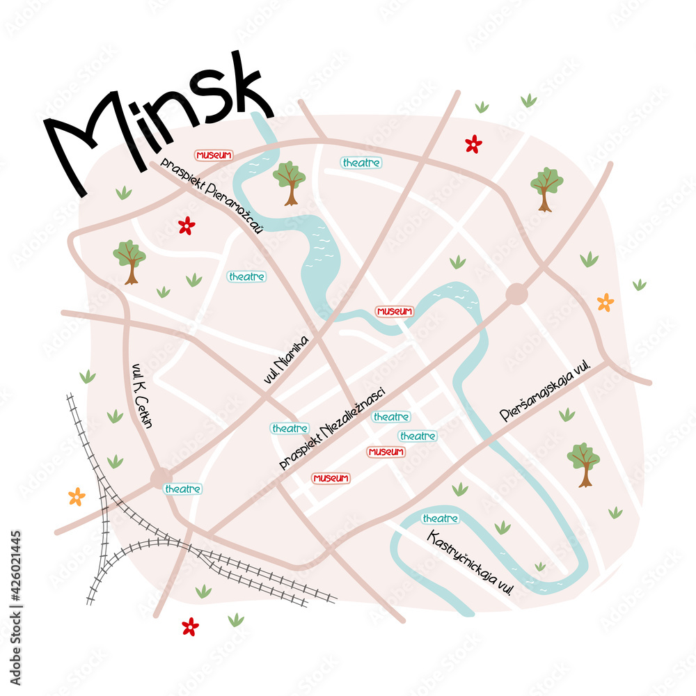 Minsk map with streets, museums and theaters. Cute simple vector illustration