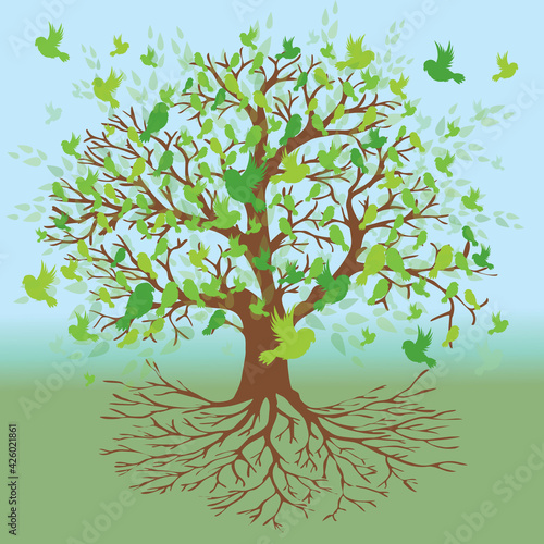 A tree of life with green birds sitting on the branches and flying around the tree. The background is a green blue gradient