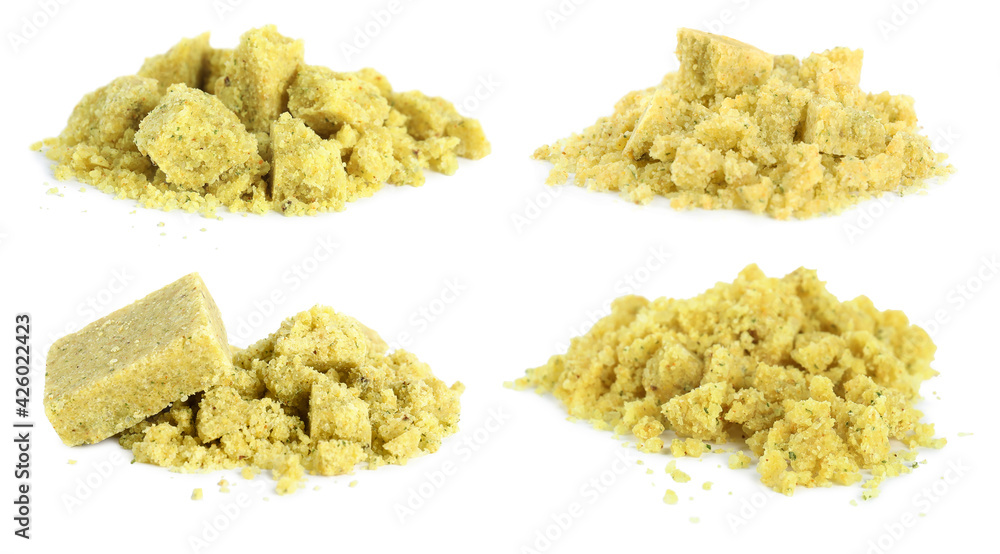 Set with bouillon cubes on white background. Banner design Set with bouillon cubes on white background. Banner design