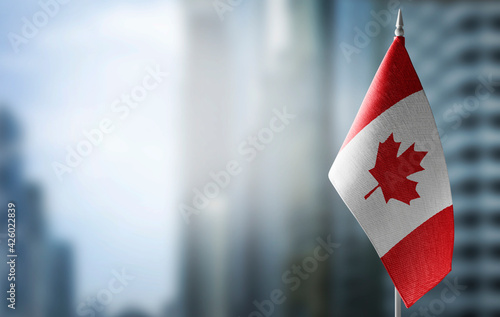 A small flag of Canada on the background of a blurred background photo