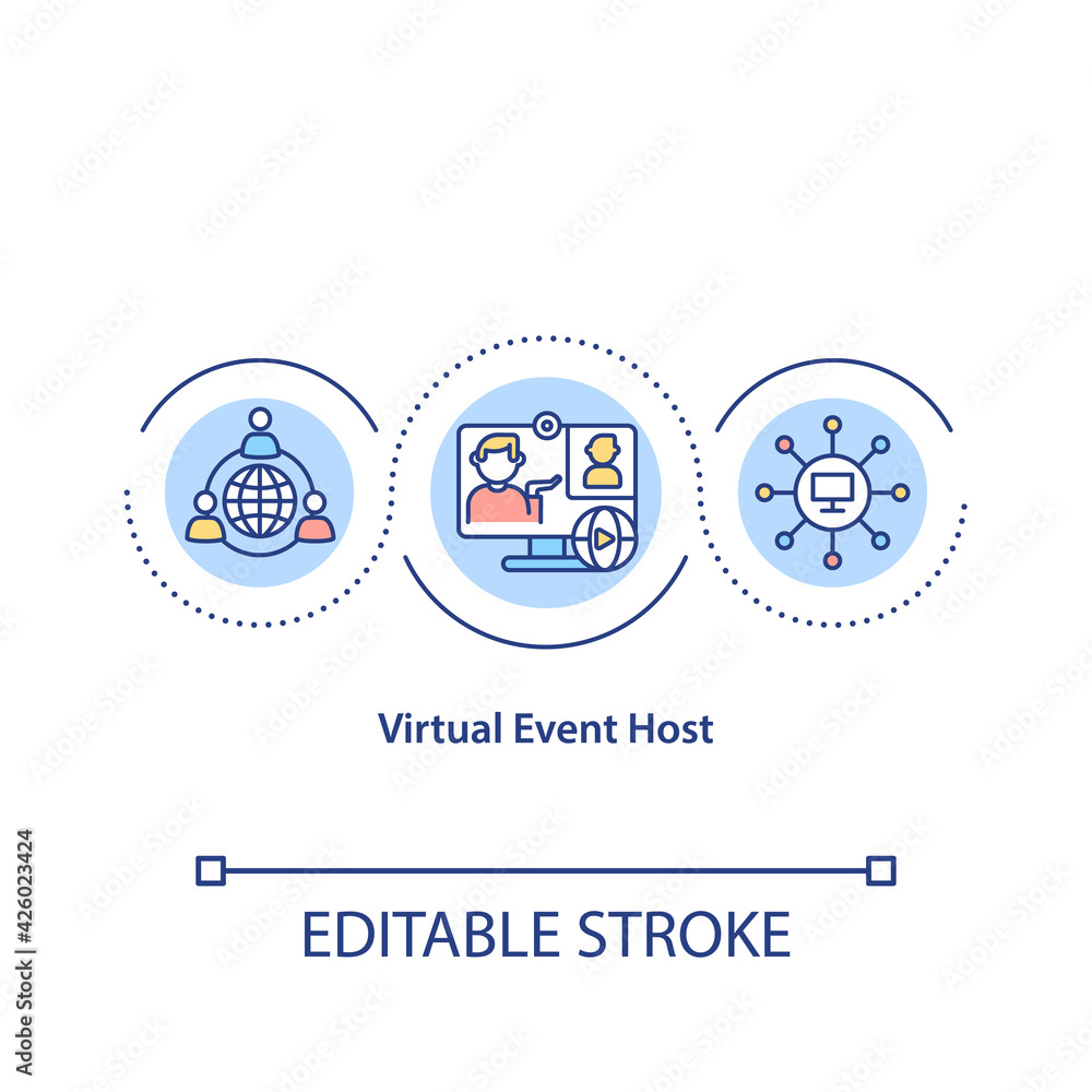 Virtual event host concept icon. Hosting platforms idea thin line illustration. Audience engagement to participation. Specialist services. Vector isolated outline RGB color drawing. Editable stroke Virtual event host concept icon. Hosting platforms idea thin line illustration. Audience engagement to participation. Specialist services. Vector isolated outline RGB color drawing. Editable stroke
