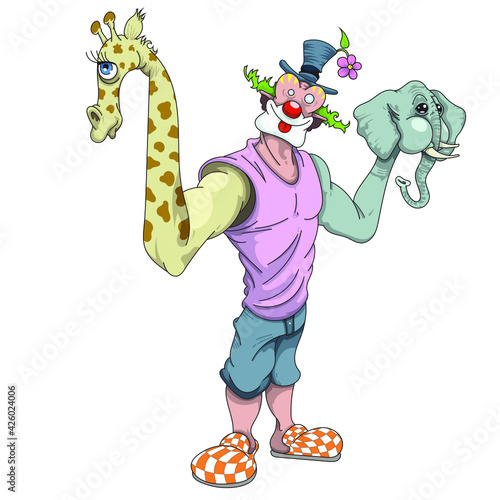 Clown bizarre avec bras girafe et éléphant !