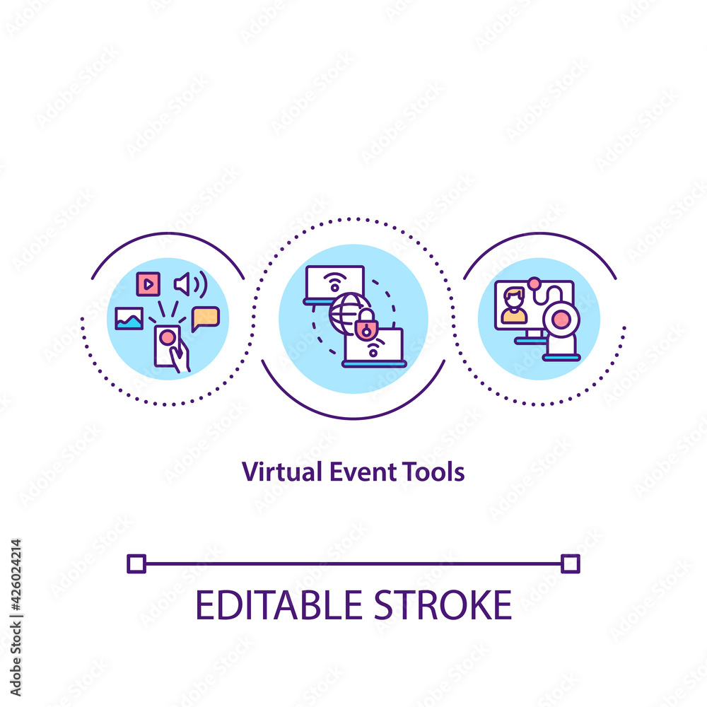 Fototapeta premium Virtual event tools concept icon. VE platform idea thin line illustration. Live streaming services. Real-time interaction. Mobile apps. Vector isolated outline RGB color drawing. Editable stroke