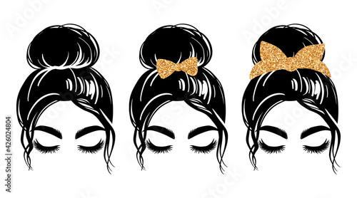 Messy bun with golden glitter bandana or headwrap and hair bow. Vector woman silhouette. Beautiful girl drawing illustration. Female hairstyle.