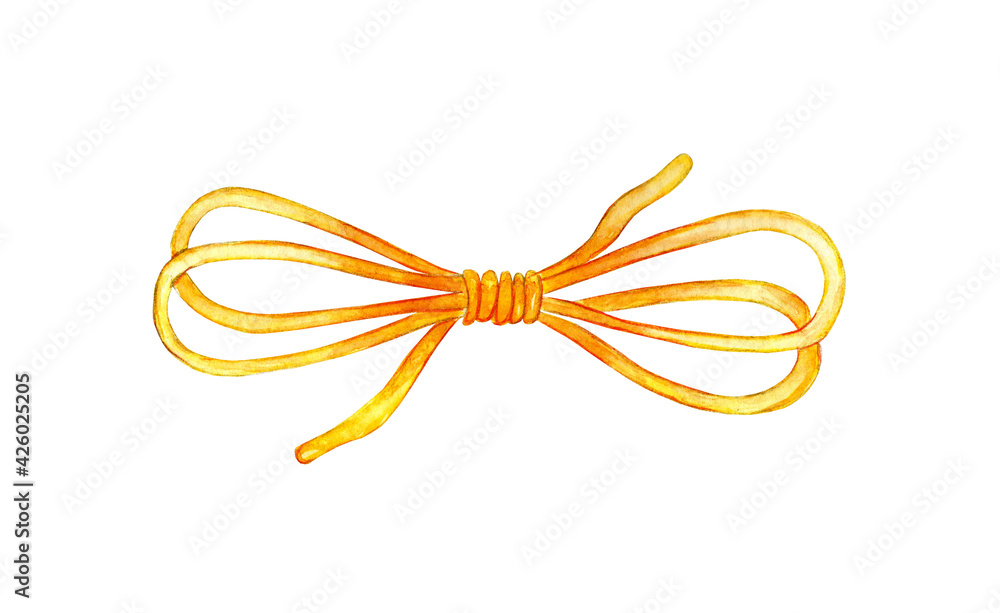 Watercolor illustration of a yellow thread tied in a bow. Woolen thread for knitting. The rest of the thread is tied in a knot. Rope bow. Needlework, creativity, knitting. Isolated on white background