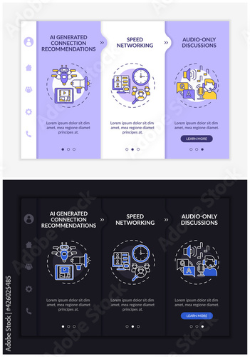 Online networking gatherings onboarding vector template. Responsive mobile website with icons. Web page walkthrough 3 step screens. Speed meetings night and day mode concept with linear illustrations
