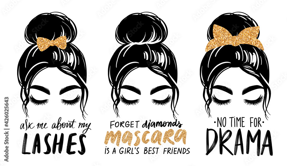 Messy bun with golden glitter bandana or headwrap and hair bow. Vector  woman silhouette. Fashion quotes about mascara, lashes, makeup  Stock-Vektorgrafik | Adobe Stock