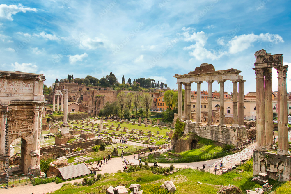 forum romanum in Rome, Italy. Temple of Saturn and Temple of Castor and Pollux, ancient ruins of the Roman Forum. Travel and vacation in Italy