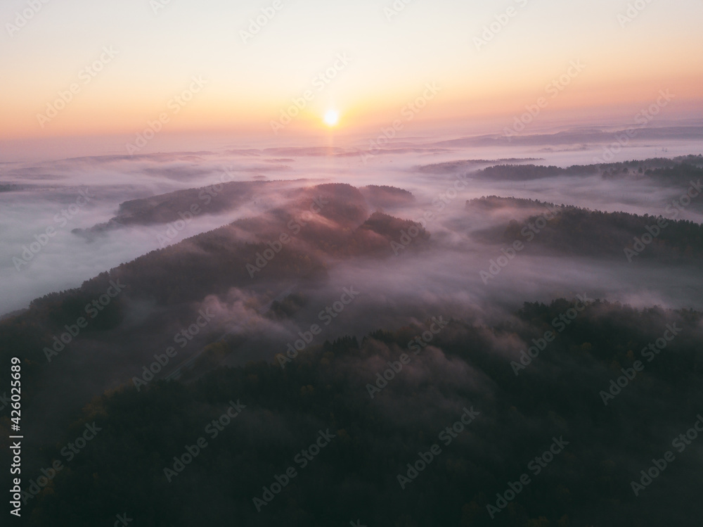 Fog and cloud mountain valley landscape. Sunrise. Ukraine