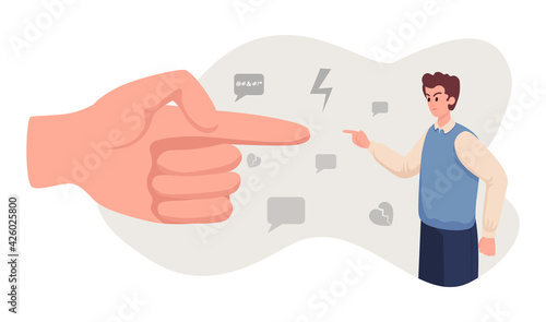 Angry man arguing with big hand vector flat illustration. Emotional abuse, bullying, harassment concept. Young male character conflicting with someone. Struggle, competition, confrontation.