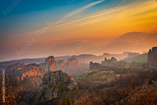 Dramatic sunset over the beautiful canyon like geological park in Belogradchik  Bulgaria 