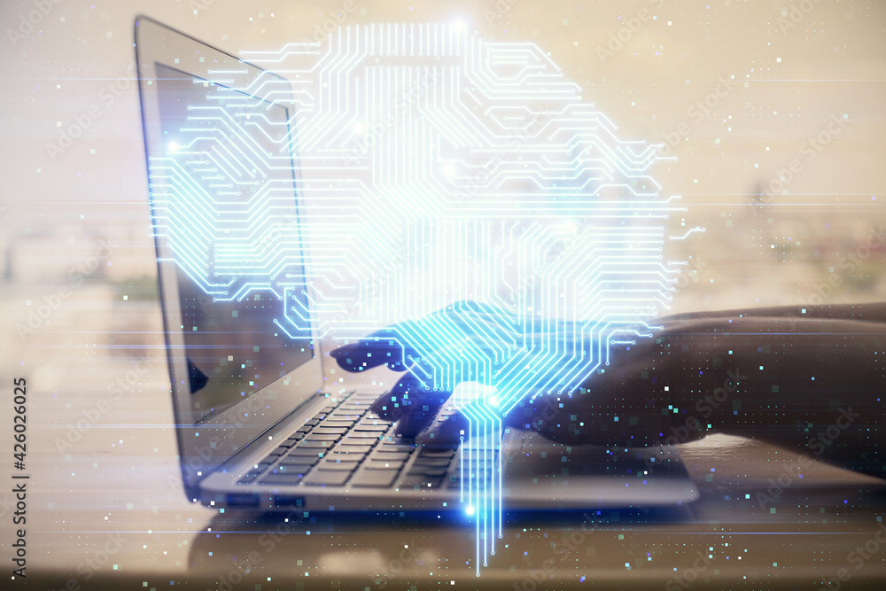 Multi exposure of woman hands working on computer and brain hologram drawing. Ai concept. Multi exposure of woman hands working on computer and brain hologram drawing. Ai concept.