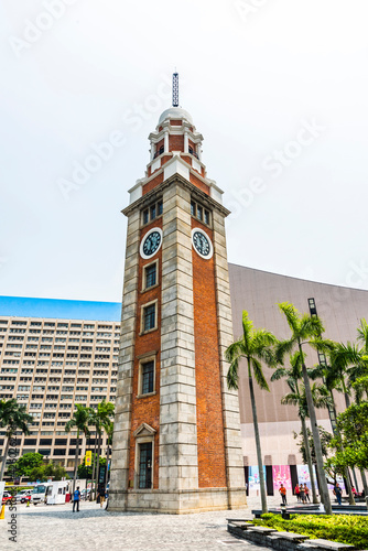 Building view of the clock tower in front of the Hong Kong Cultural Center  Tsim Sha Tsui  Kowloon  Hong Kong.