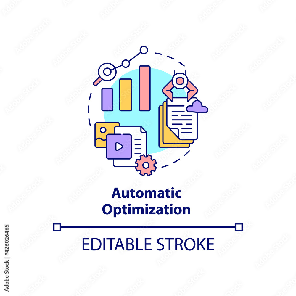 Automatic optimization concept icon. Marketing strategy. Search engine. Target audience. Smart content idea thin line illustration. Vector isolated outline RGB color drawing. Editable stroke Automatic optimization concept icon. Marketing strategy. Search engine. Target audience. Smart content idea thin line illustration. Vector isolated outline RGB color drawing. Editable stroke